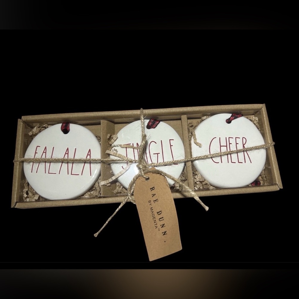 Rae Dunn White with red lettering ceramic Christmas ornaments